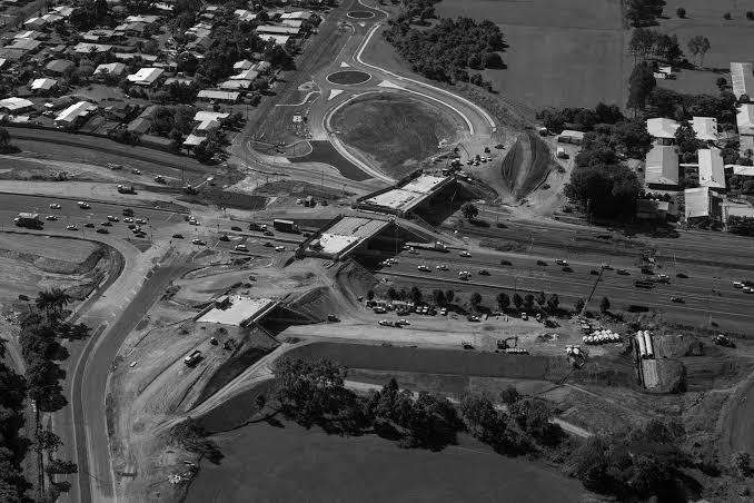 Aerial view of the Bruce Highway upgrade at Cairns, Queensland, showing the new interchange under construction