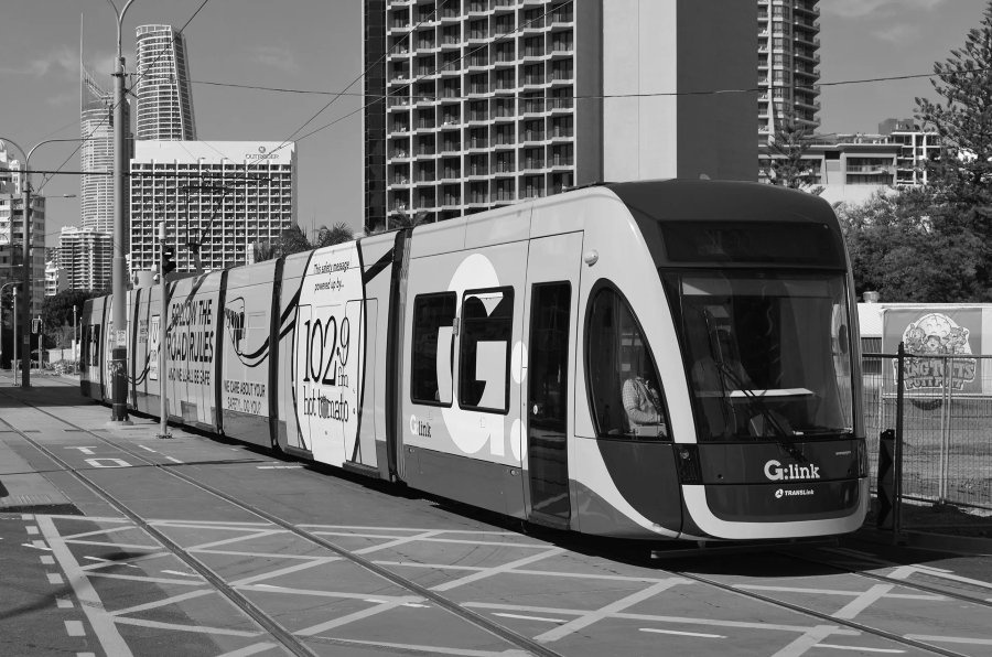 A G:link light rail tram on the Gold Coast Light Rail line at Surfers Paradise