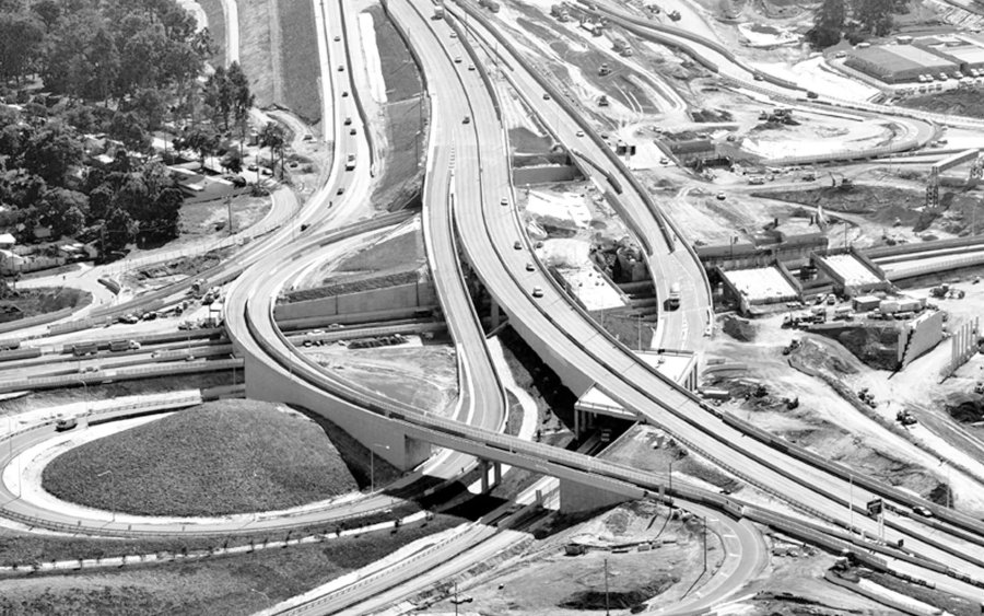 Aerial view of the Ipswich Motorway upgrade, Queensland, showing the completed interchange and ramps
