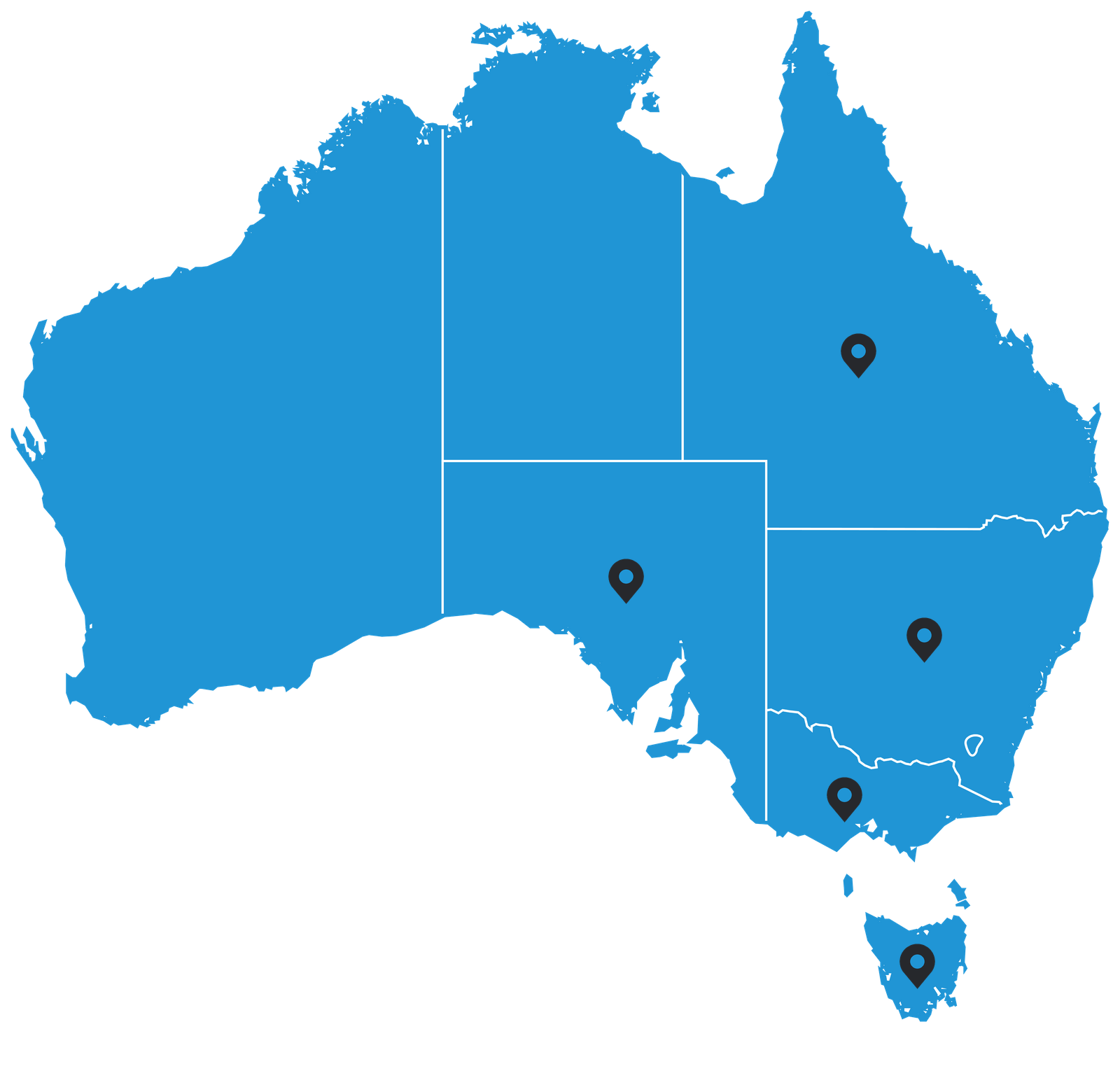 Map of Australia with markers on Queensland, South Australia, New South Wales, Victoria and Tasmania